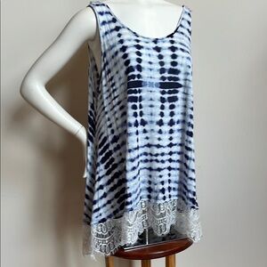 Tie dye Blue and White Relaxed Fit Tank Top with Asymmetrical lace Hem